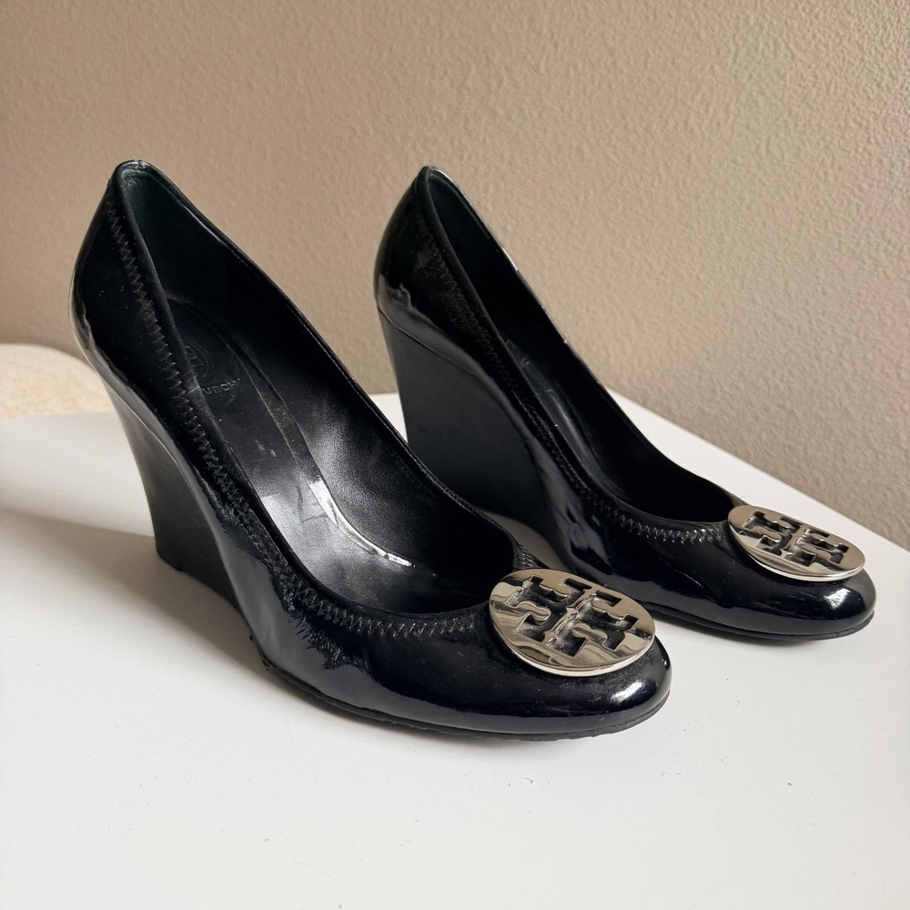 Tory Burch Shoes Womens Size 11 Black Patent Logo Wedge Round Toe Dress Pumps